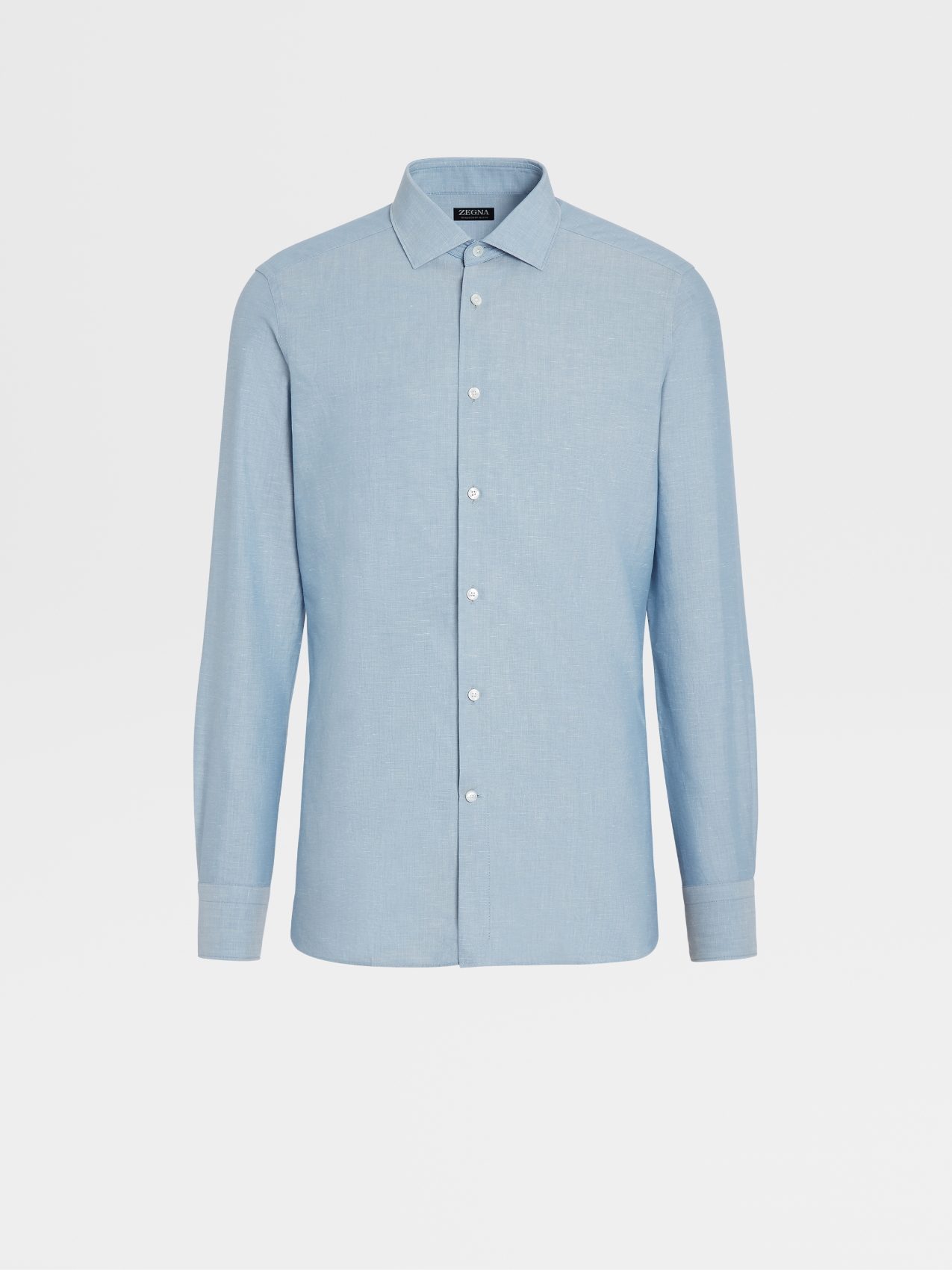浅蓝色 Crossover 棉质亚麻及桑蚕丝混纺长袖精裁衬衫